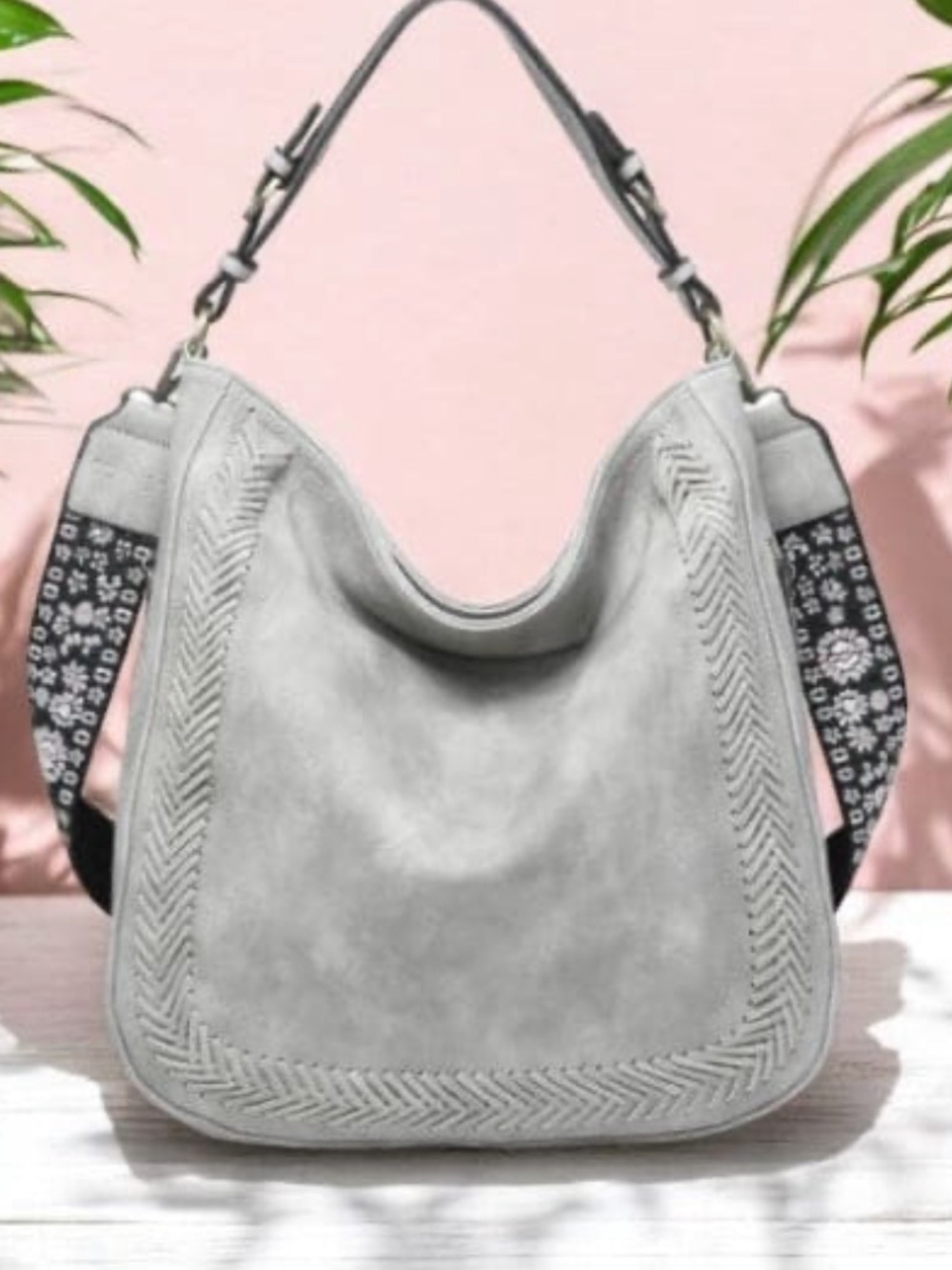 Jen & Co. Aris Whipstitch Vegan Leather Crossbody Bag Guitar Strap Grey